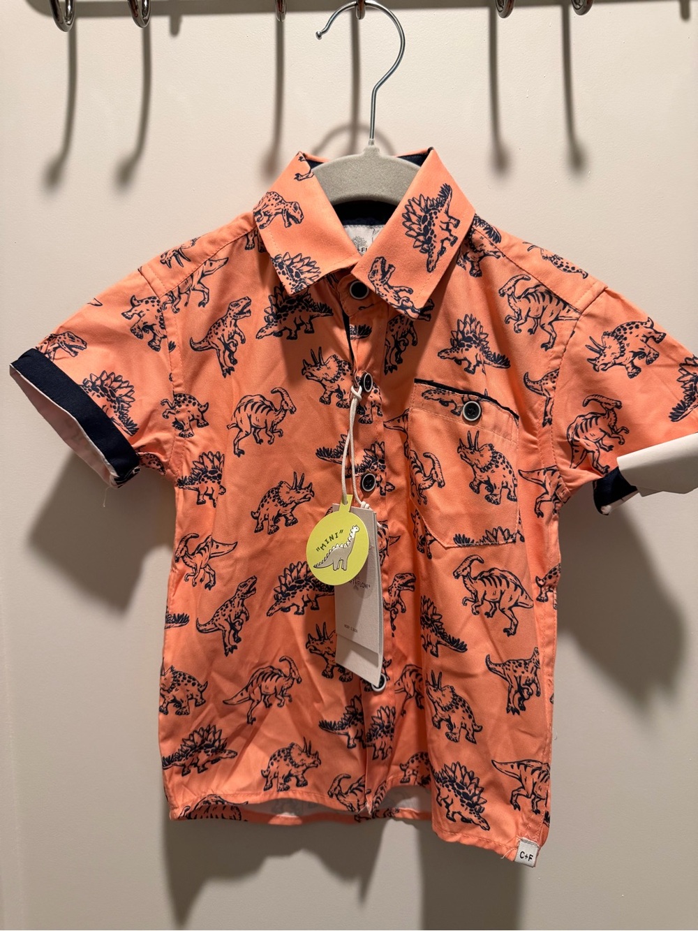 Craft + Flow Toddler 2T Dinosaur Button Front Shirt Orange Short Sleeve Boys